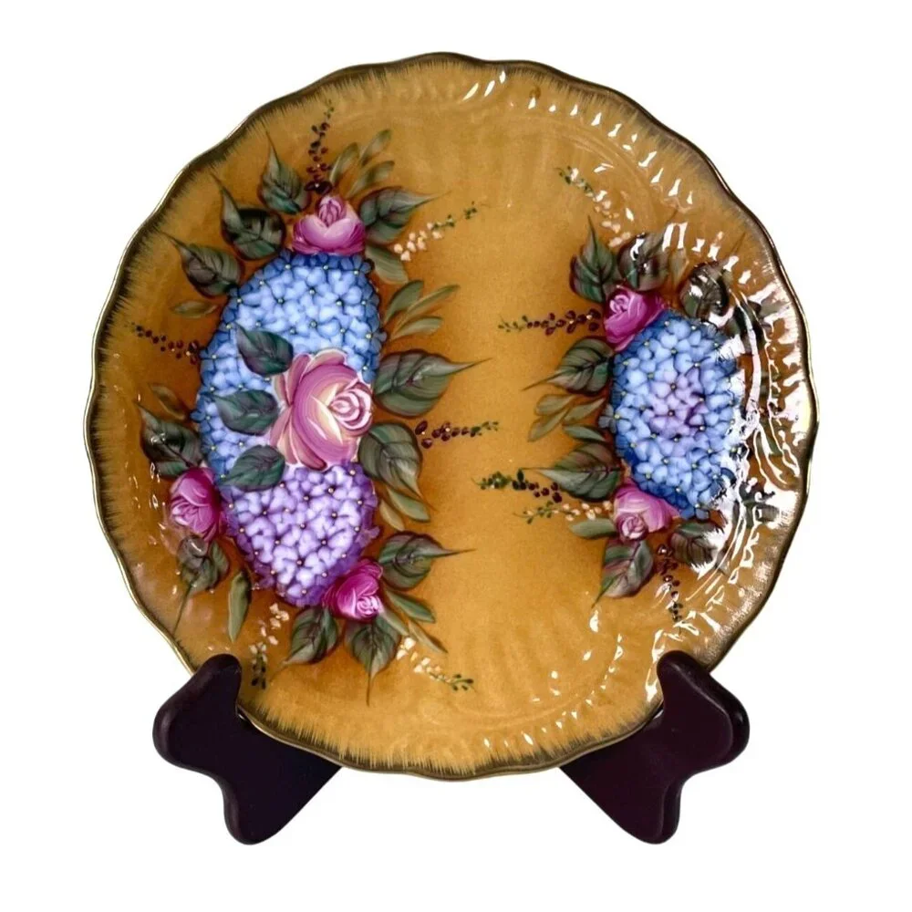 Decorative Orange Floral Plate, Made in China, Pink Purple Blue Gold Edge Detail